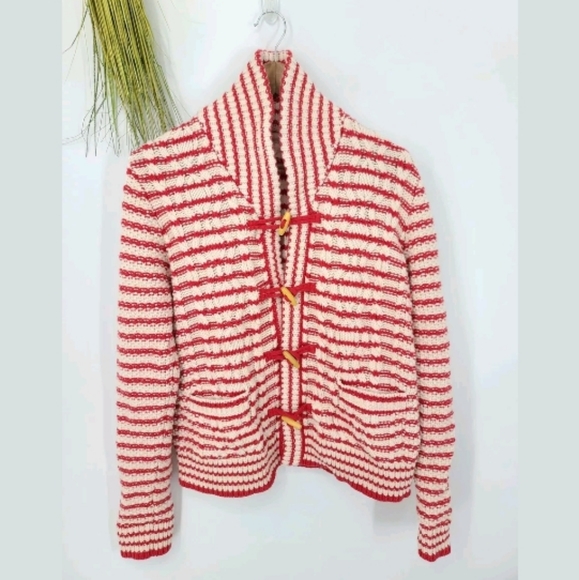 Lands' End Sweaters - Lands End Canvas L Red Stripe Fisherman Cardigan